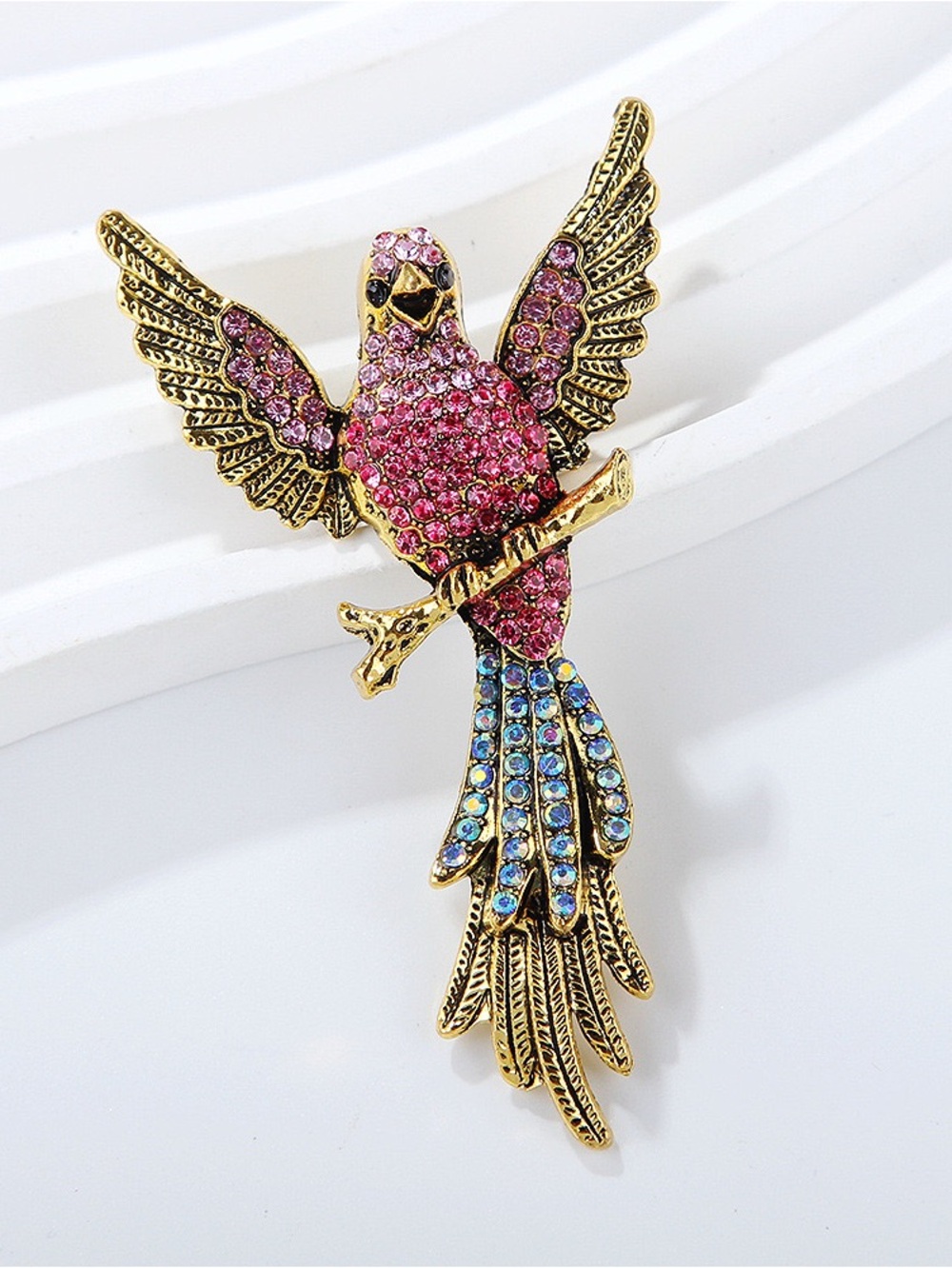 Pink Rhinestone Eagle Brooch Pin Gold Tone Crystal Statement Bird Jewelry